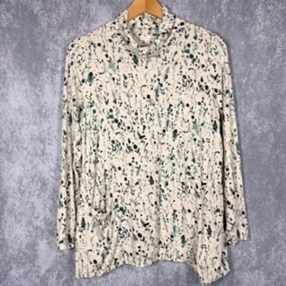 Pure Jill Luxe Tencel Top Women MP Cream Teal Cowl Neck Pocket